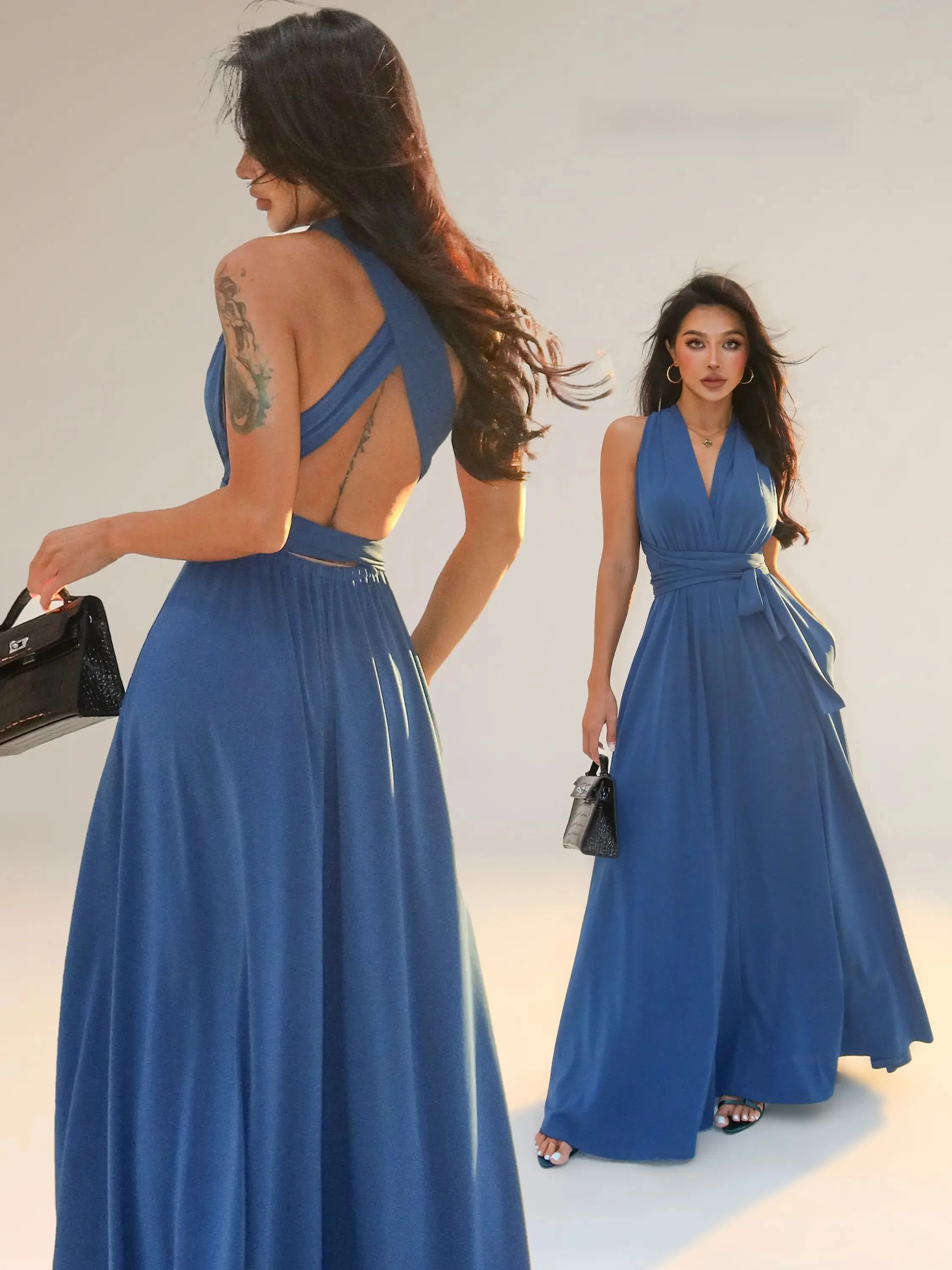 Mimi's Parisian Encounter Long Skirt with Side Pockets Bowed V-Neck Overlap A-Line Silhouette Casual Polyester Summer Dress