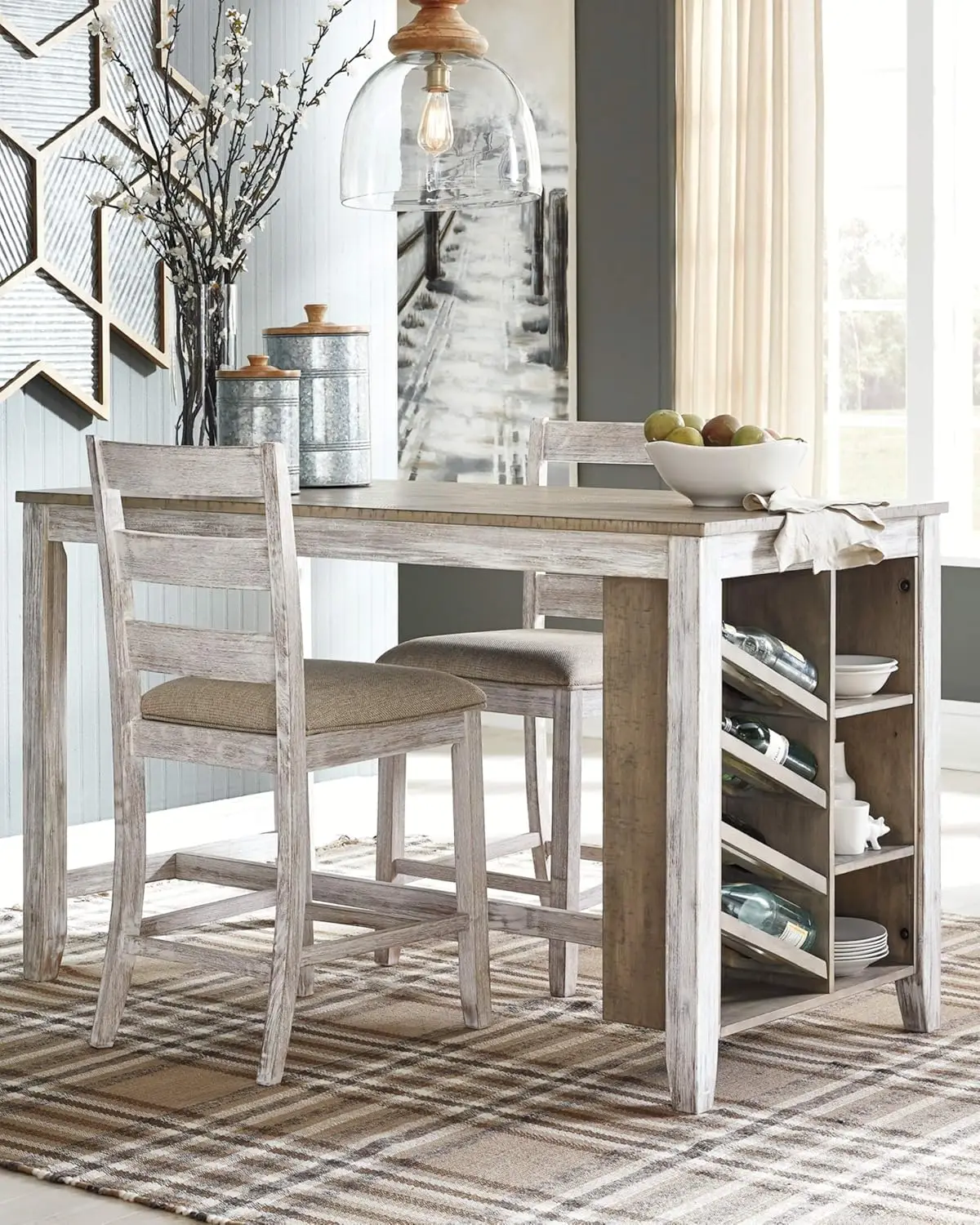 Skempton Farmhouse 36" Counter Height Dining Table with Storage & Wine Rack, Whitewash image 2