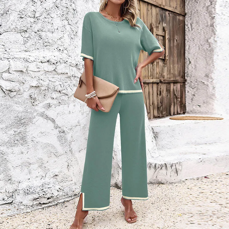 Autumn Solid Color Knitted 2pcs set women casual Short Sleeve Pullover top and Wide Leg Pants tracksuit set Lady fashion outfits