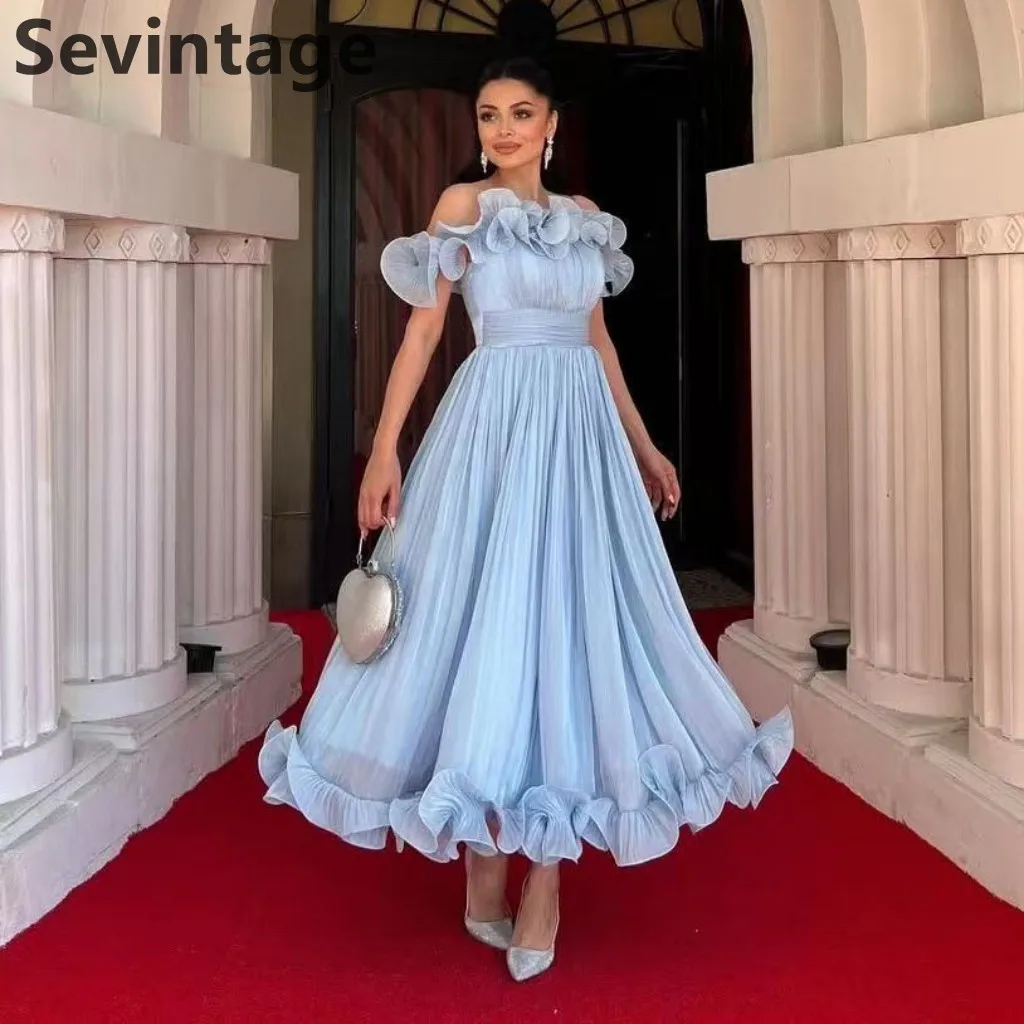 

Sevintage 2025 Dusty Blue A Line Off Shoulder Ruffles Promm Dress Formal Evening Dress Ankle Length Party Gown Vestidos de gala