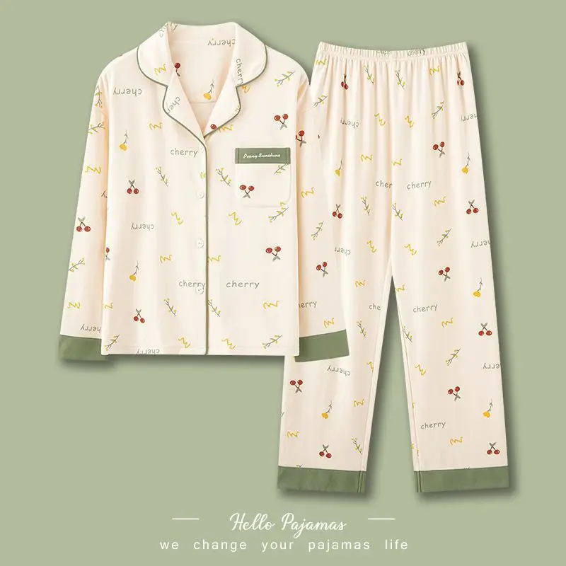

100% Cotton Women's Sleepwear, Spring and Autumn 2023, Long Sleeve, Thin, Wearable at Home or Out, Large Size Set