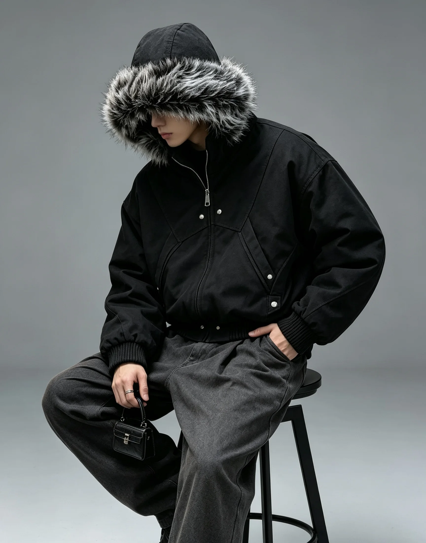 Women Cropped Parka Jacket Big Faux Fur Collar Y2K Streetwear Loose Cargo Winter Coat HipHop Warm Outerwear For Street