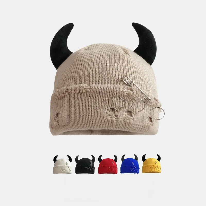 

New Unisex Knitted Beanie With Devil Horns Halloween Distressed Skull Cap Hip Hop Winter Warm Yarn Hat For Men Women