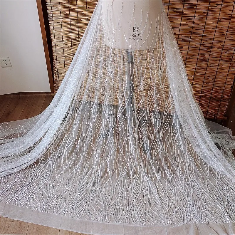 

1yard High quality mesh fabrics Branch Branch Bead Embroidery tissu Dress skirt dress accessories fabric for material