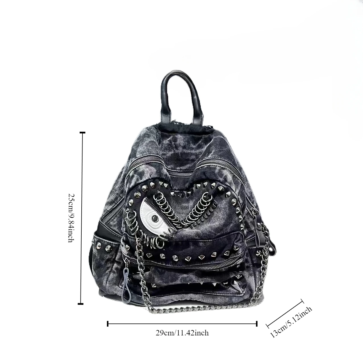 Women\'s Fashion Steampunk Denim Backpack Large Capacity Rivet Chain Shoulder Handbag