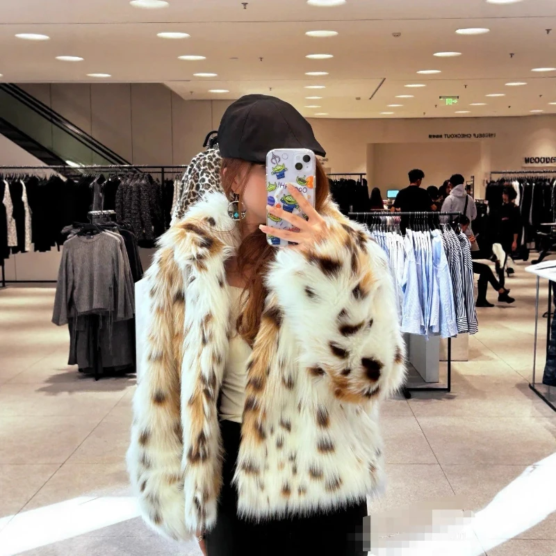 

Faux Fur Jackets Women Print Leopard Elegant Short Coat Lapel Warm Thick Outerwear Casual Jacket Streetwear Long Sleeve Coats