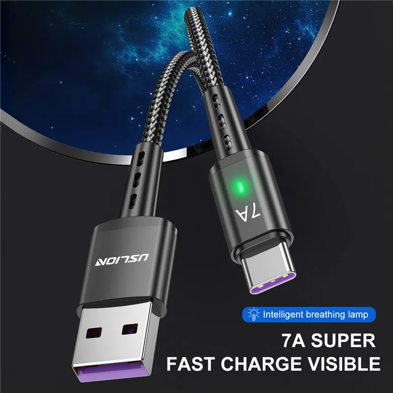 USLION 7A 100W USB Type C Cable USB C Mobile Phone Fast Charging USB Charger Cable for Samsung Huawei Xiaomi Type-C Data Cord