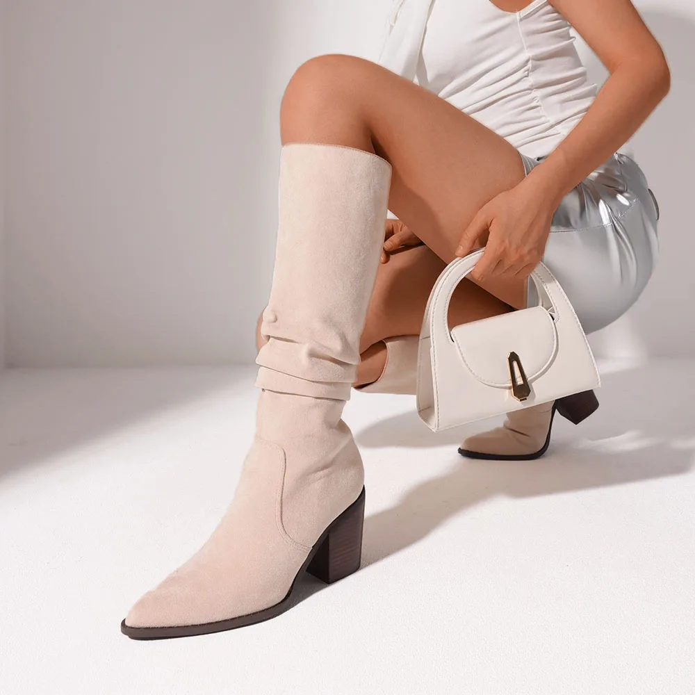 Elegante Damen-Kniehohe Stiefel mit Kunstflock, spitzer Zehenbereich, klobiger, hochhackiger, plissierter seitlicher Reißverschluss, bequem, für den täglichen Gebrauch, lange Stiefeletten