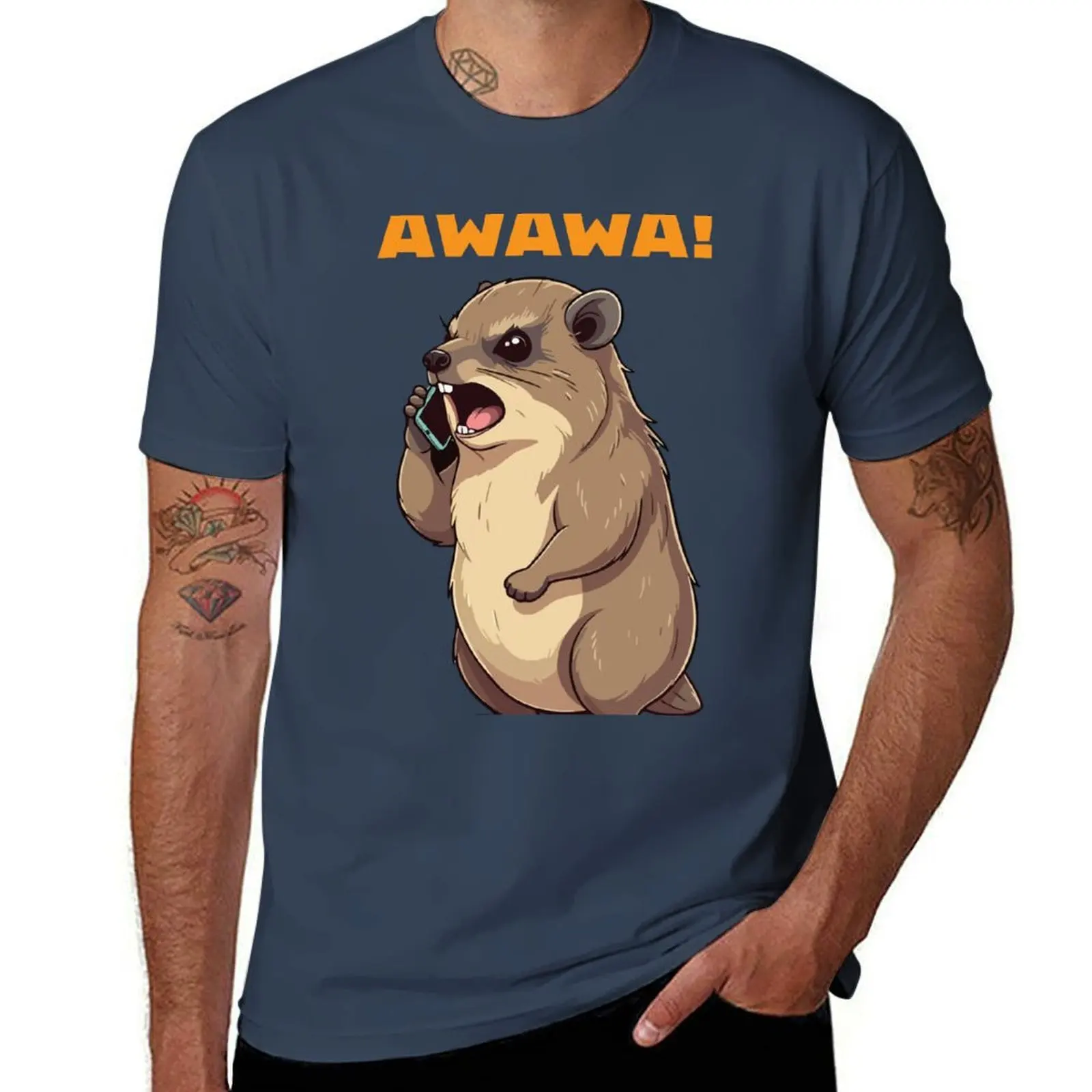 

Rock Hyrax Awawa Funny On Phone Groundhog Dassi T-Shirt rapper graphic tees summer tops Men's t-shirt