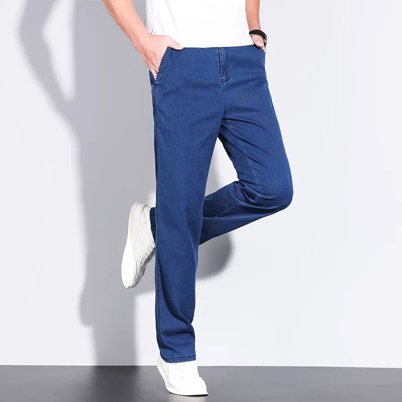 Spring Summer Thin Blue Jeans Men's Fashion Comfortable Denim Pants Straight Business Work High Waist Casual Suit Trousers