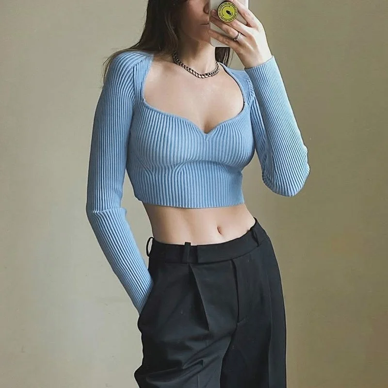 Long-sleeved Slim Top Women's Spring and Autumn Fashion High-elastic New White/blue/purple Sexy Peach Heart V-neck Wool Sweater