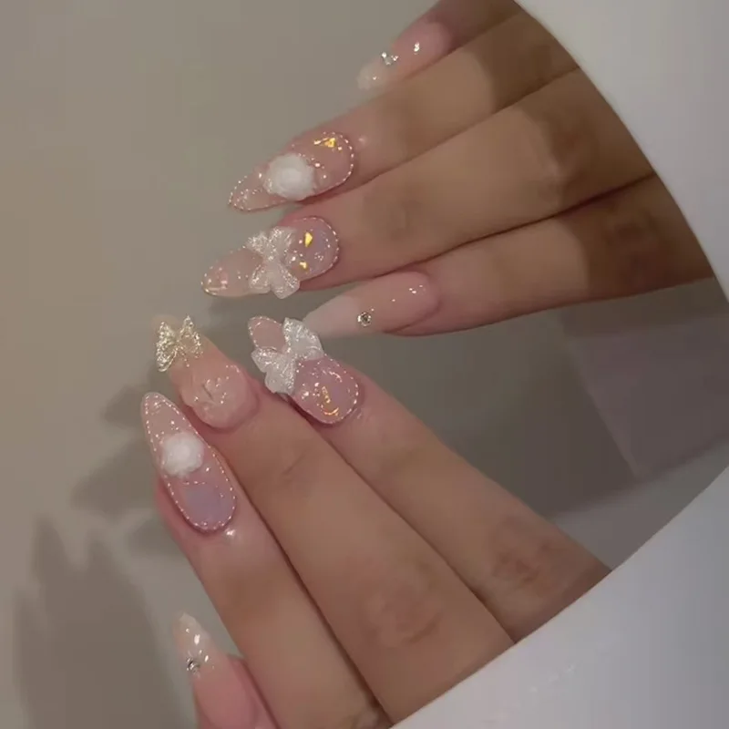 24Pcs Long Almond False Nails Press on Pink French Stripe Design Fake Nails 3D Bow Pearl Reusable Finished Full Cover Nails Tips
