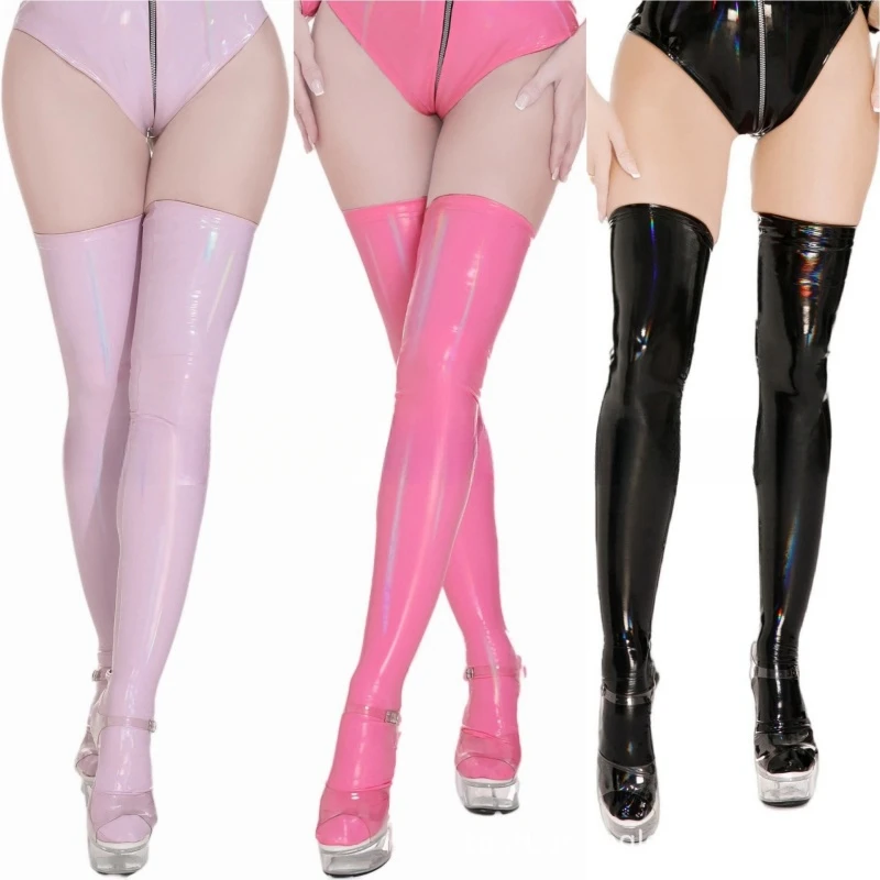 Plus Size lustrzane błyszczące zakolanówki pończochy Gothic Punk PVC Wetlook kobiety seksowna bielizna ze sztucznej skóry Pole Dance club