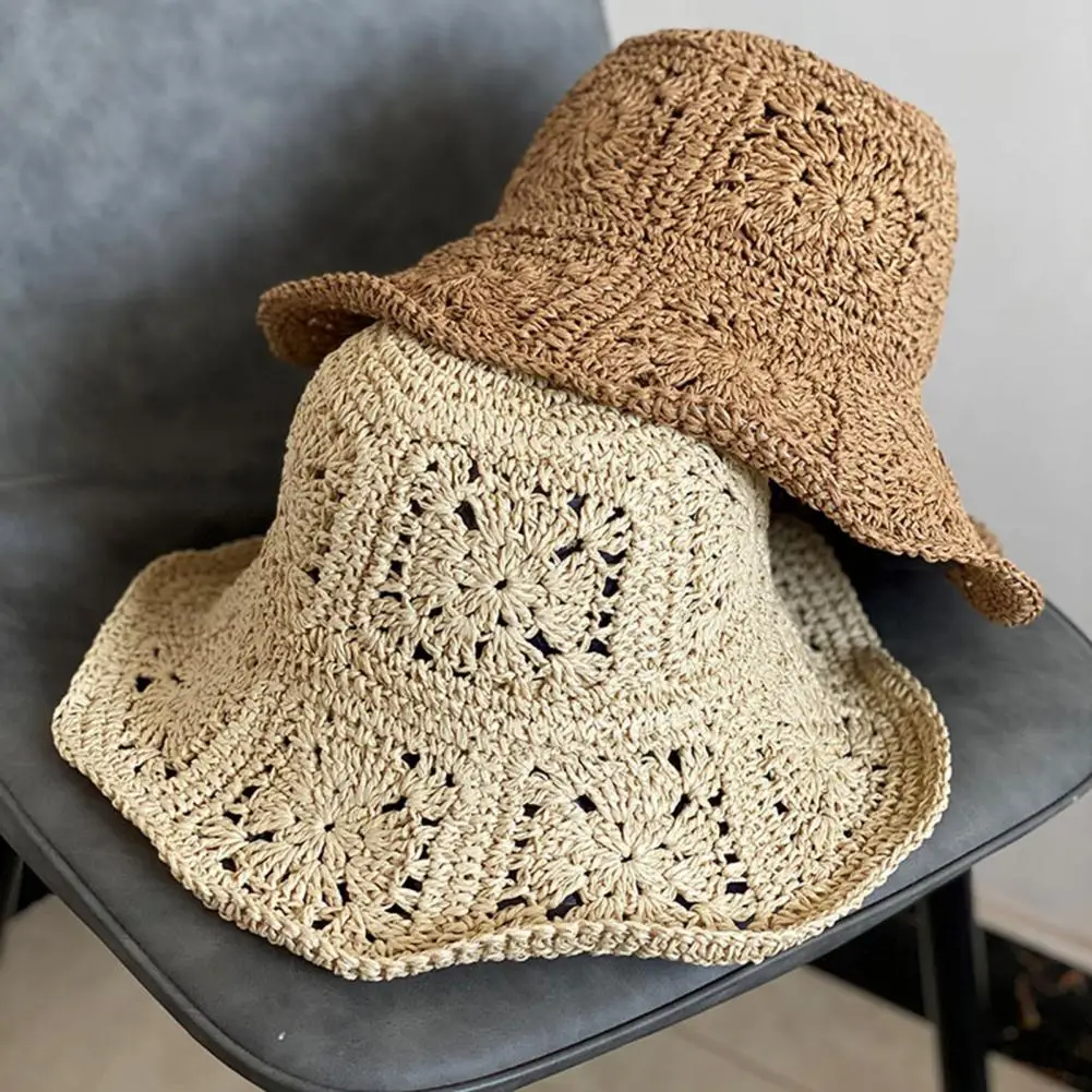 Women Summer Wide Brim Sun Hat Crochet Straw Hat Sun Straw Hat Breathable Travel Hat Beach Bucket Sun Hat