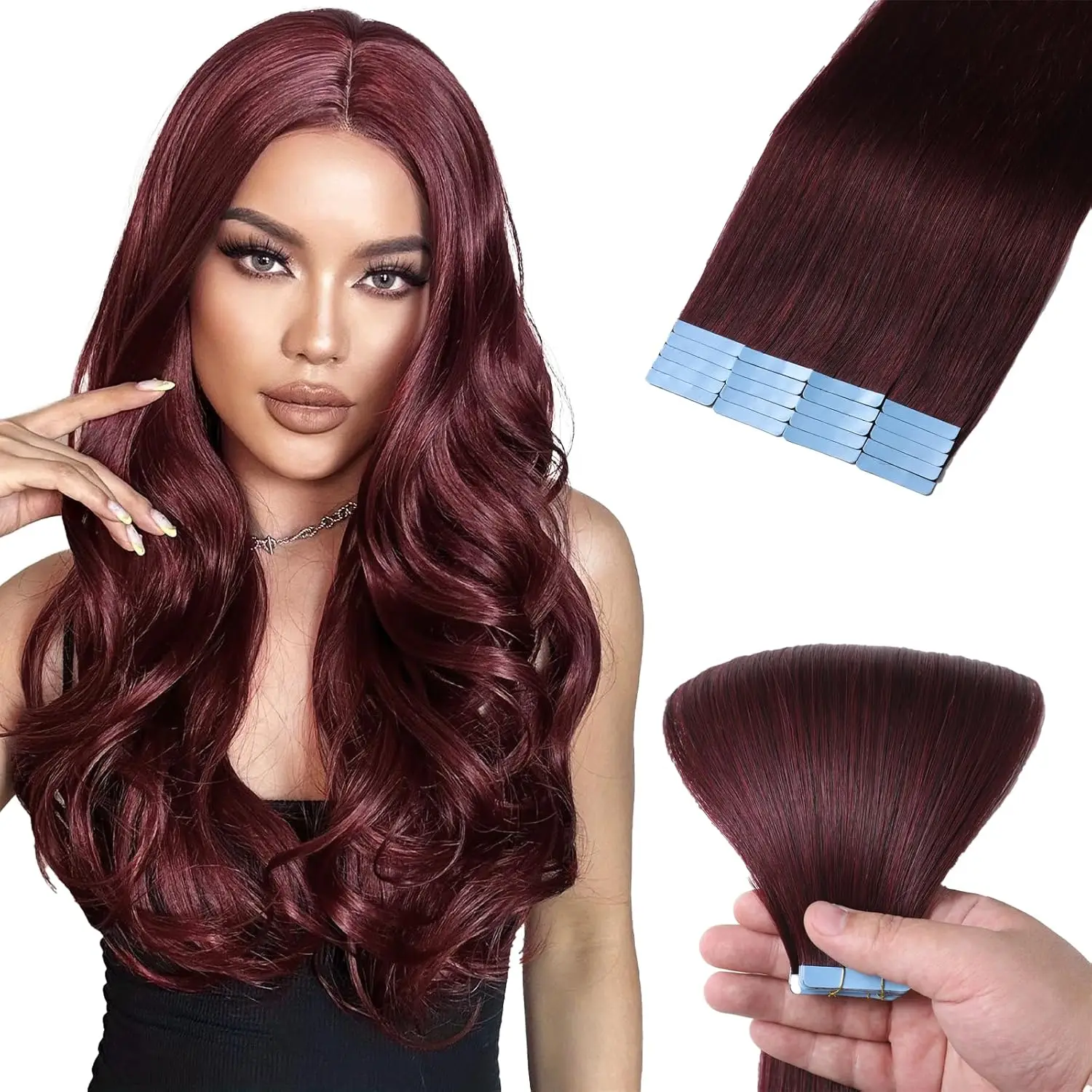 Extensiones de cabello humano Real con cinta de 20 pulgadas, 100g, pegamento de 20 piezas, pelo Remy liso y sedoso, Color rojo borgoña # 99J