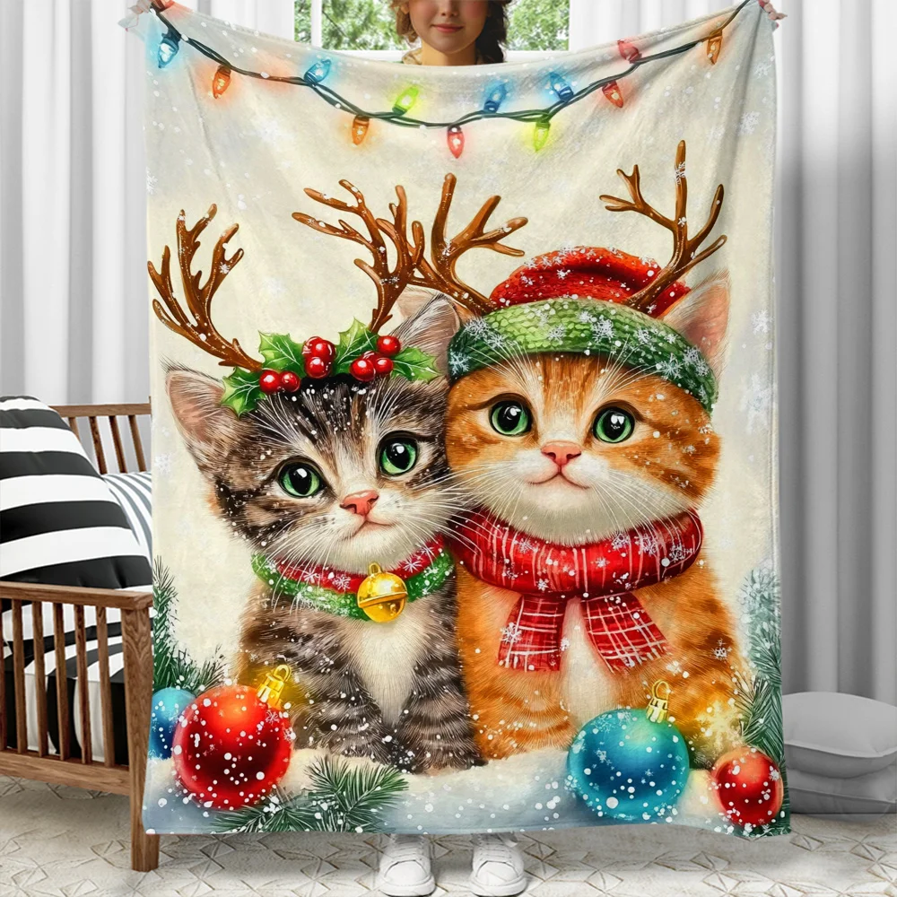 Cute Cat Couple Reindeer Antlers Christmas Scarf Fleece Blanket Holiday Snow Scene Soft Cozy Throw Bed Cover Winter Decor Kids