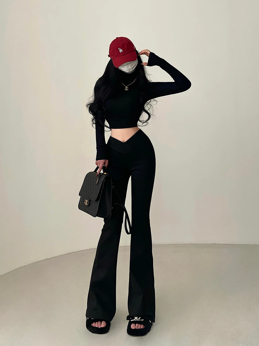 

High Waist V-Neck Slimming Casual Pants Long Micro Flared Leg Lengthening Women's Fashion Thickened Fleece Lined Pants