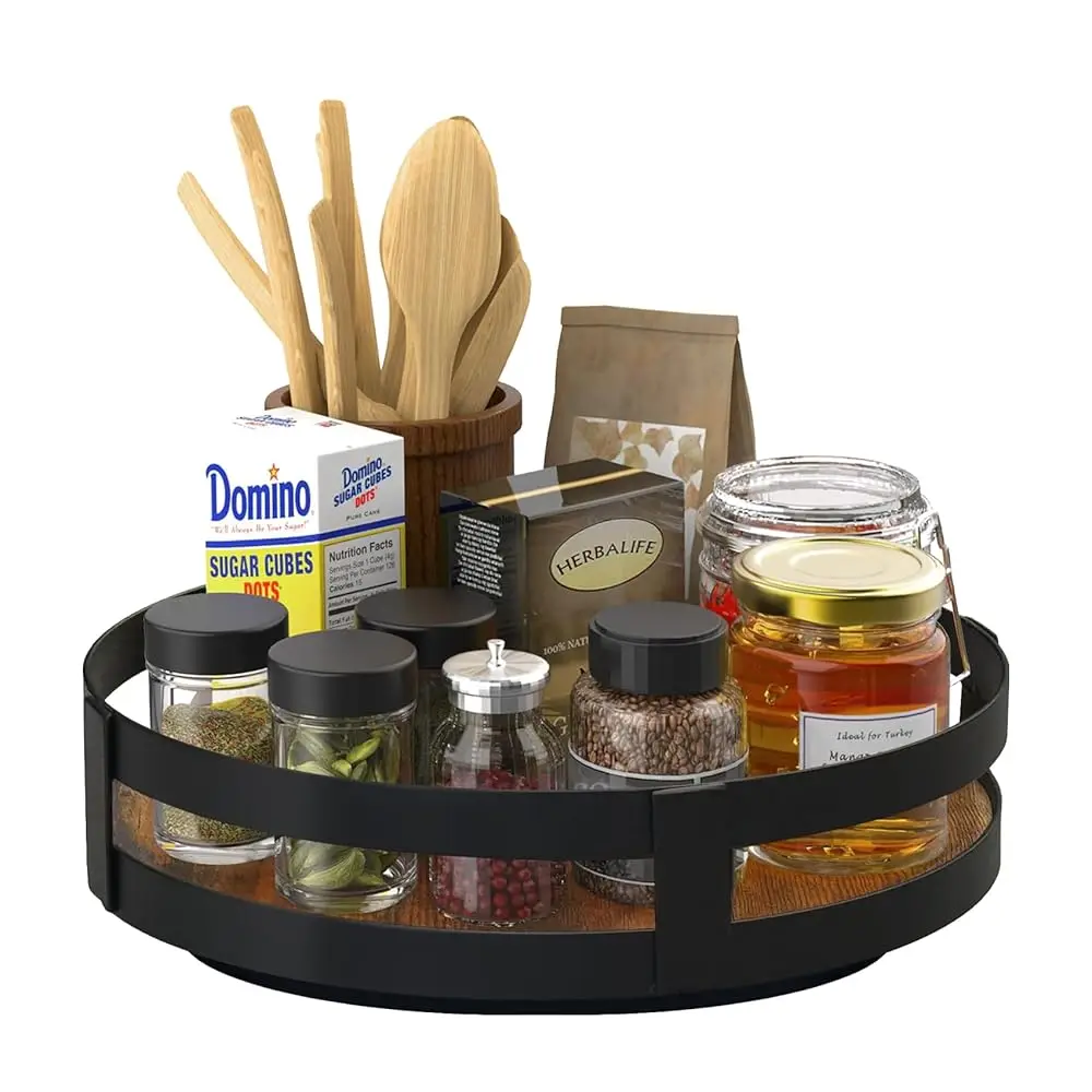

9.8"" Lazy Susan Turntable Organizer For Cabinet, Rustic Wooden Storage With Metal Railing, Round Rotating Tray For Countertop,