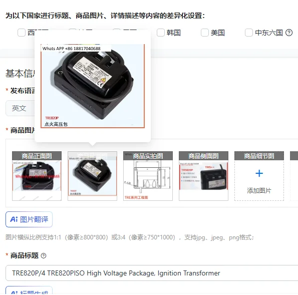 

TRE820P/4 TRE820PISO High Voltage Package, Ignition Transformer