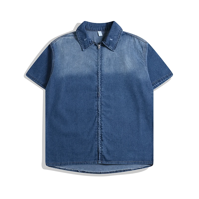 

Men Denim Short Sleeve Shirt American Retro Summer New Casual Loose Gradient Blue Coats Women Popular Versatile Workwear Tops