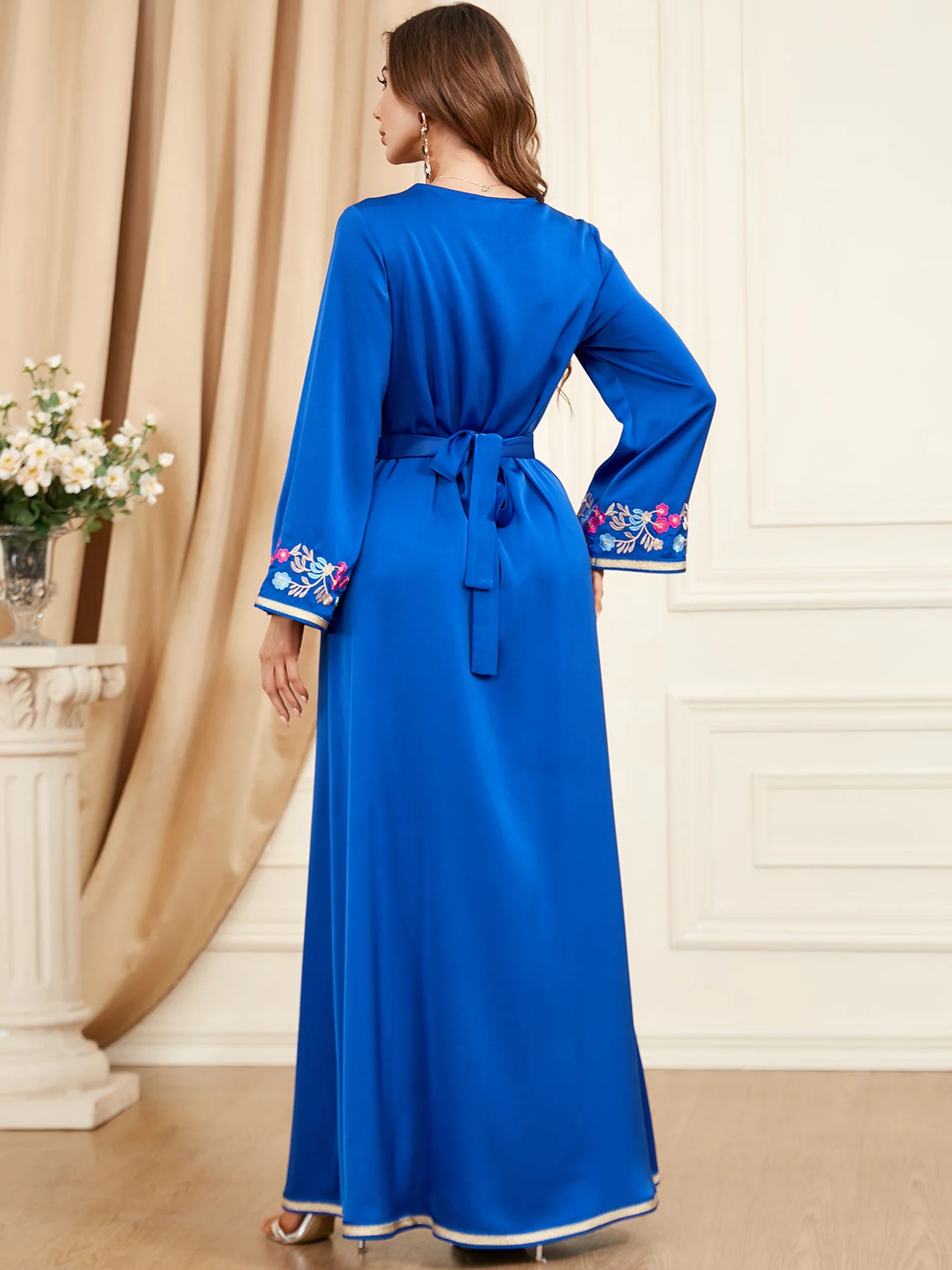 Blue Long Appliques Women Evening Dress Elegant Customized Charming V Neck A Line Dubai Robe Party Prom Gown With Belt 3398