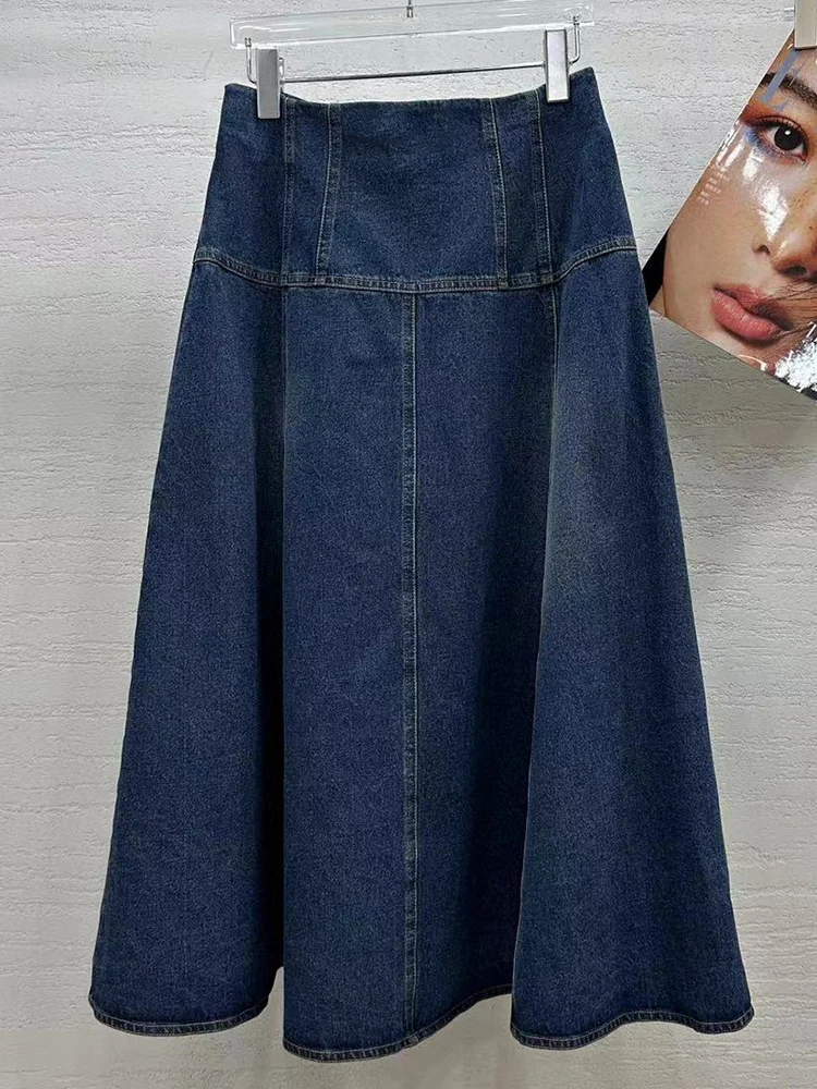 Jupe trapèze longue en denim bleu pour femme, jupe haute, tempérament, balançoire sauvage, nouvelle mode, automne et hiver 2024