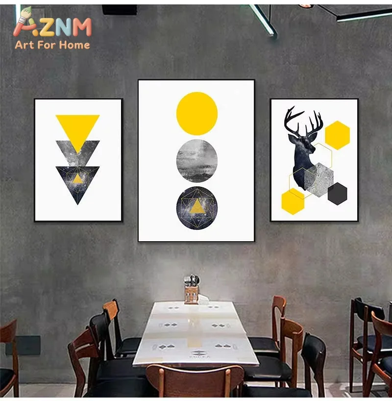 AZNM Yellow Geometric Shape Deer Canvas Wall Art Frameless Print, Modern Abstract Triangle Circle Hexagon Poster, Living Room Di