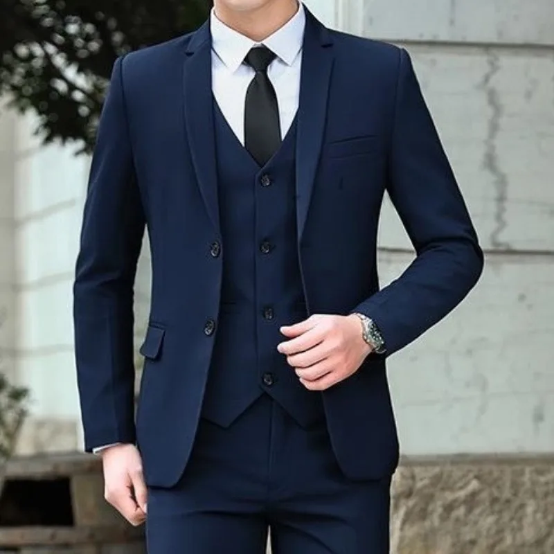 Men Business Formal Three Piece Suit Two Button Blazer Vest And Trousers Korean Style For Office Wedding Occasion Wear