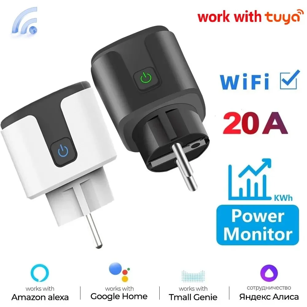 WiFi EU Smart Socket Plug With Tuya App Outlet 20A Adapter Power Monitor Wireless Remote Control APP For Google Home Alexa