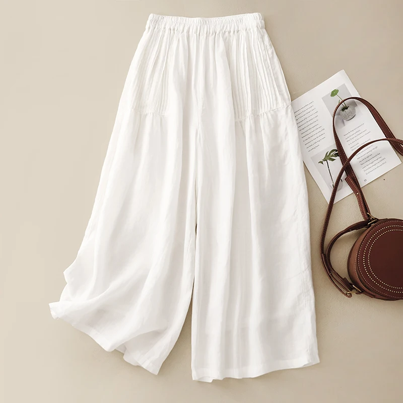 Pantaloni larghi larghi in puro lino Pantaloni casual con gonna a nove piedi Pantaloni a gamba larga in cotone primavera estate a vita larga
