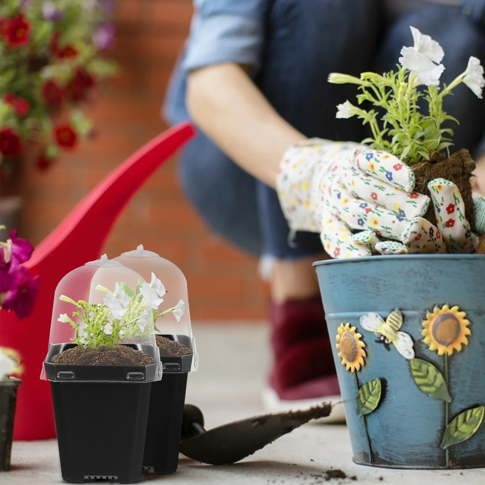 

12 Sets Square Pots with Lids Seedling Starter Nursery Planter Drainage Holes Humidity Dome Gardening Pot Plant