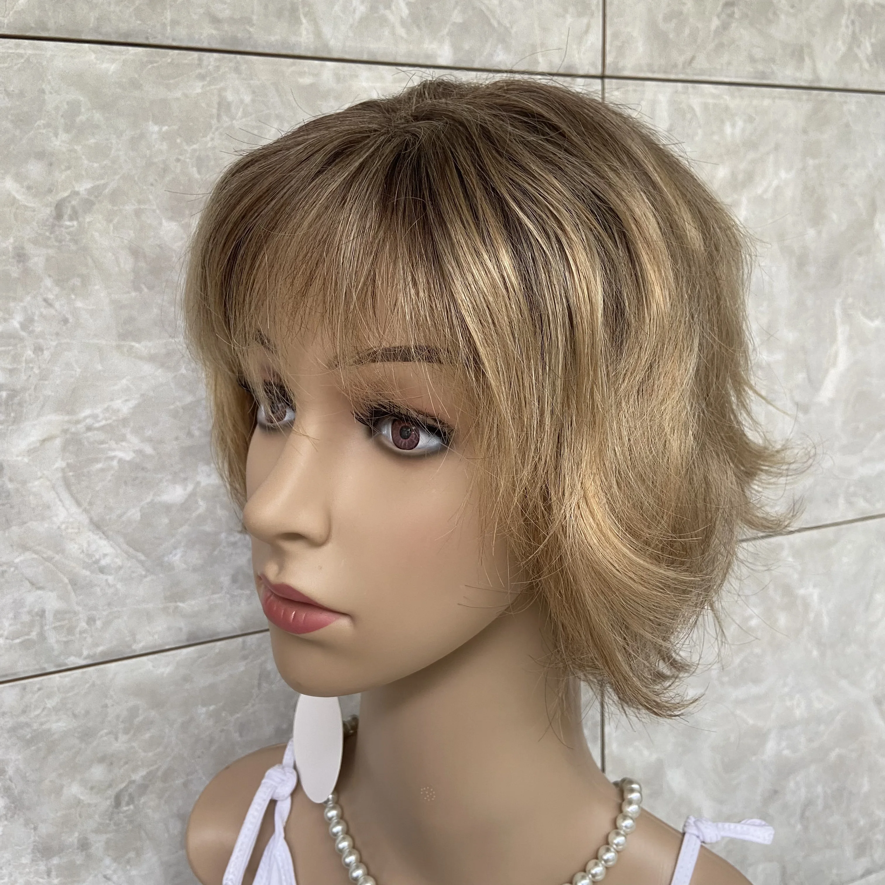 Fashiomag Short Wavy Hairstyle Rooted Blonde Mix Human Hair Blend Heat Ok Wigs For White Women Soft Natural Daily Use