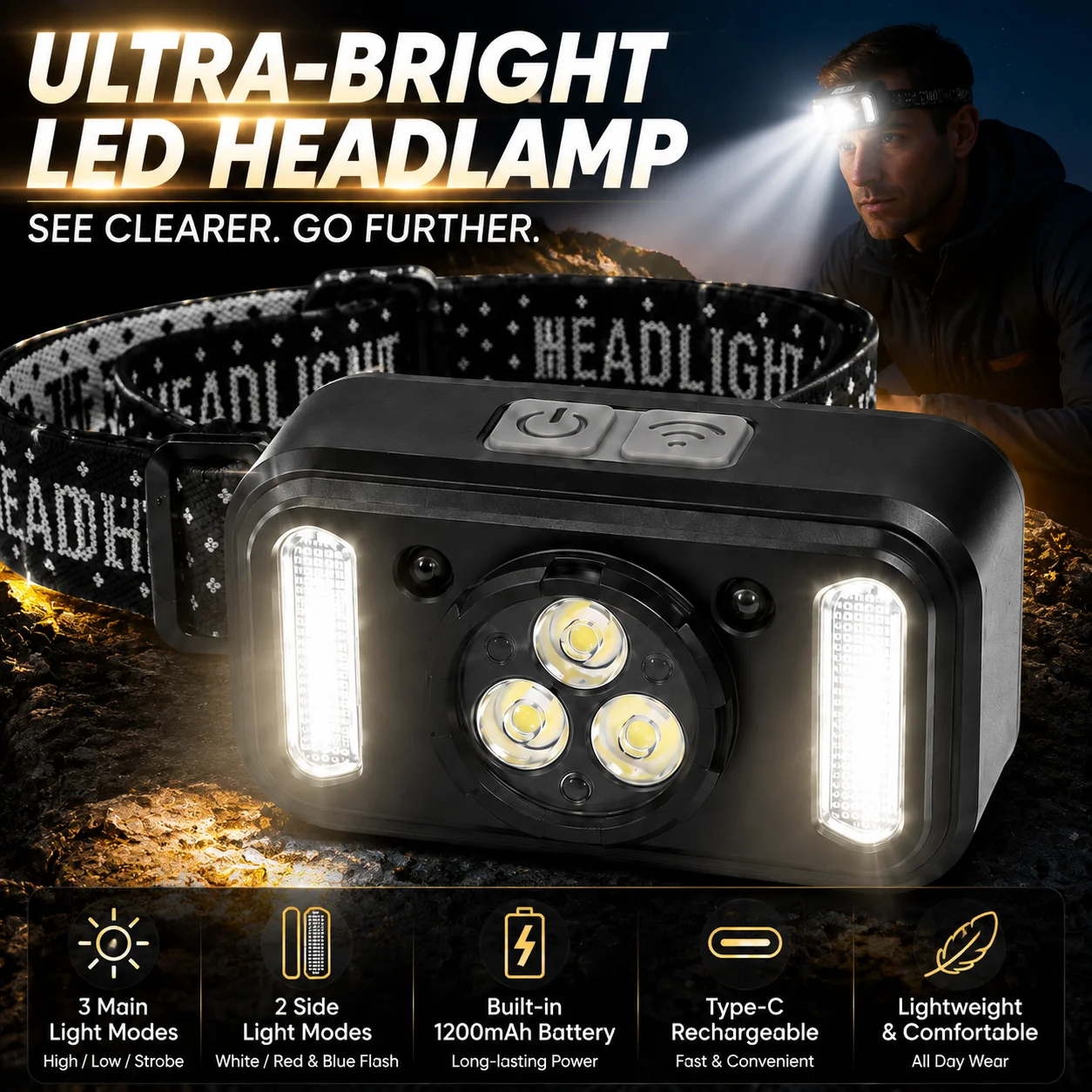 Led Sensor Headlamp with Type-C Charging, Central Three Led Beads for Spotlighting and Dual Side Cob Floodlights, Wave Sensor Switch, Three-Level Main Light with High and Low Flashing, Two-Level Side Lights with White, Red, and Blue Warning Flashing, Built-In 1200Mah Battery for Long-Lasting Use, Lightweight Adjustable Headband, Suitable for Camping, Night Running, Maintenance Work, Emergency Lighting, New Multi-Light Source Headlamp.