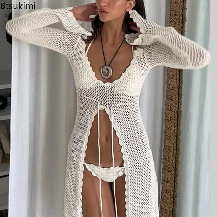 

2025 U-Neck Cover-up Beach Lace Up Dress Woman's Sexy Hollow Out Knit Long Flare Sleeve Swimsuit Lady Casual Holiday Beachwear