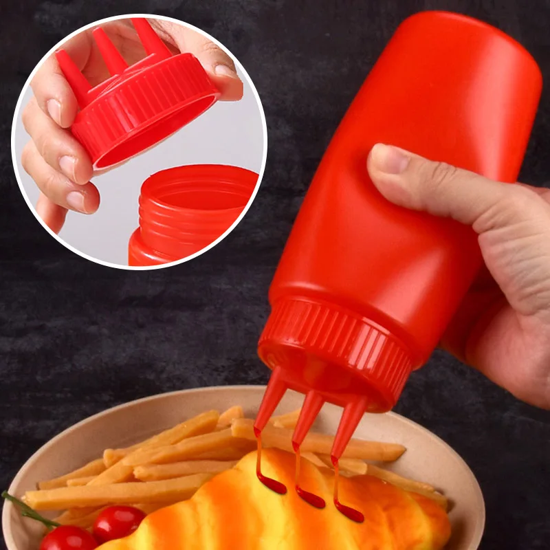 Botella exprimible de 3 agujeros, dispensador de condimentos para vinagre de plástico, contenedor de salsas, salsa de tomate, mostaza, 360/480/720ml