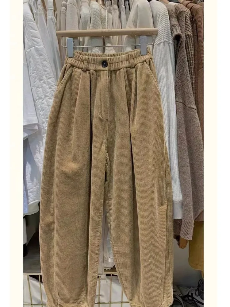 여성용 테니드 페이스 라이닝 코듀로이 할란 팬츠 겨울 패션 브랜드 버튼 롱 트라우저 캐주얼 랜턴 팬츠