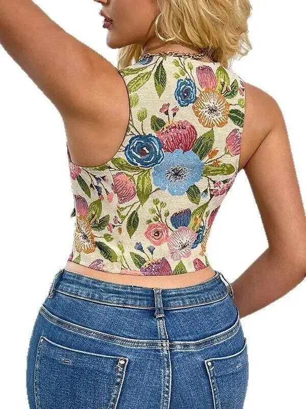 プリントカラーブロックセクシーなスリムベスト新しい花柄ホットガールフラワープリントタンクトップバックレスディープVサスペンダーノースリーブベストR70J