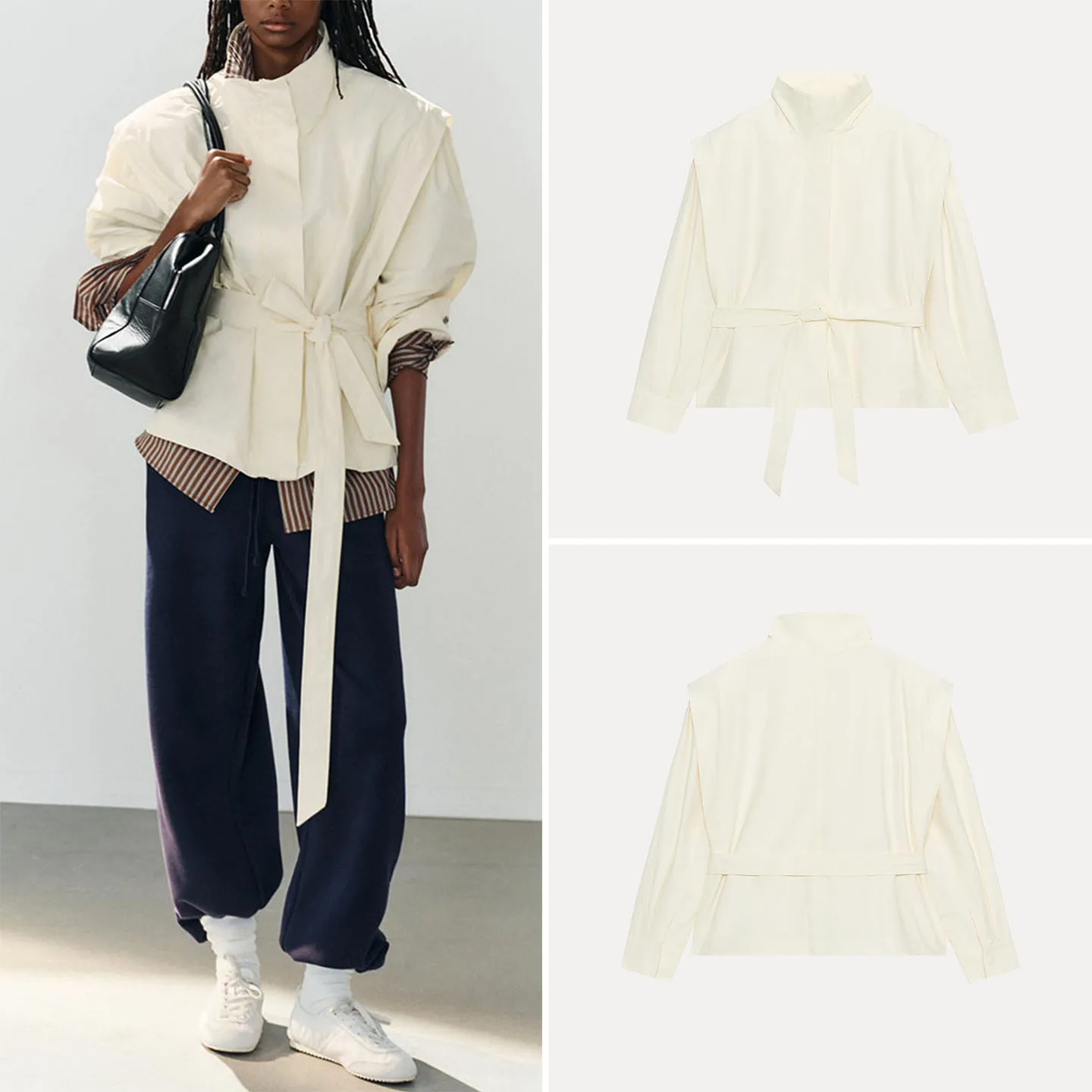 Women's Long Sleeve Belted Stand Collar Suit Jacket Autumn 2026 Casual Style Standard Fit Other Material Outerwear by Zadata