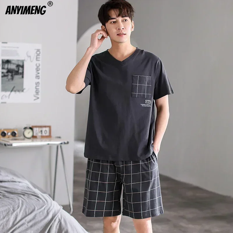 Dropshipping Pajama Set for Mens Cotten Pajamas Sleep Wear Big Size 3xl 4xl Pijamas Para Hombre Summer Cotton Shorts Sleepwear