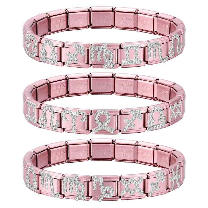 Y2K Zircon 12 Zodiac Signs Pink Italian Charm Links Fit 9mm Bracelet Stainless Steel Women Men DIY Making Jewelry Gift Wholesale