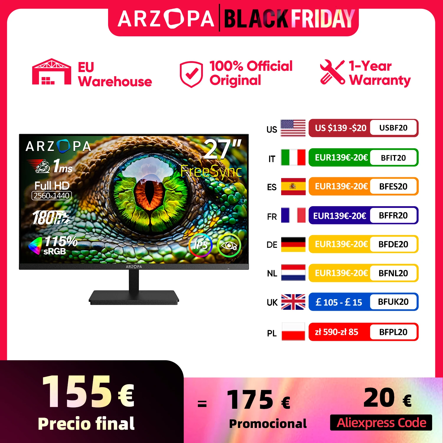 ARZOPA 27 Pouces Écran PC Gaming 180Hz - 2K QHD 2560x1440 Ecran PC Gamer 1ms IPS 115% sRGB Eye Care, Compatible G-Sync, FreeSync, VESA Montable avec