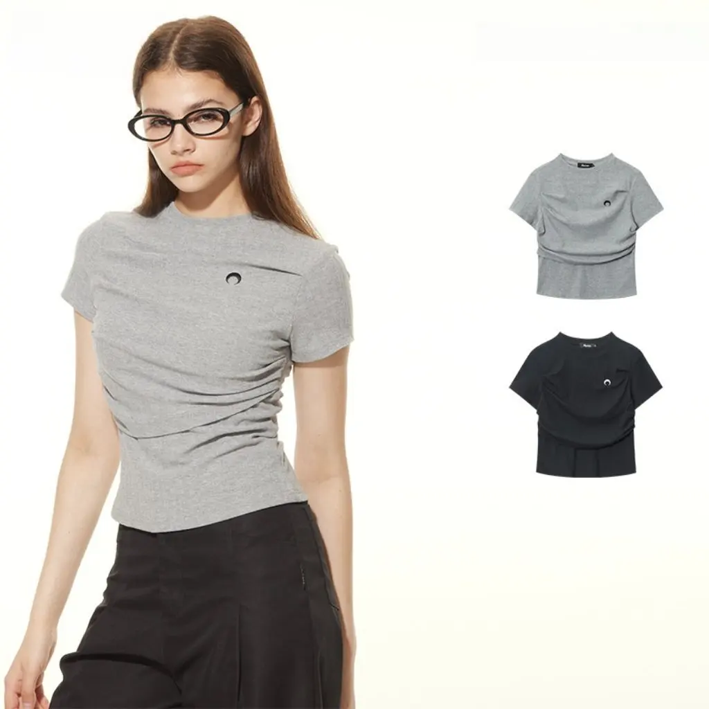 

HeyHenry Korean Style Women's Slim Fit T-shirt Summer Ruffle Design Solid Color round Neck Short Sleeve Fashion Top