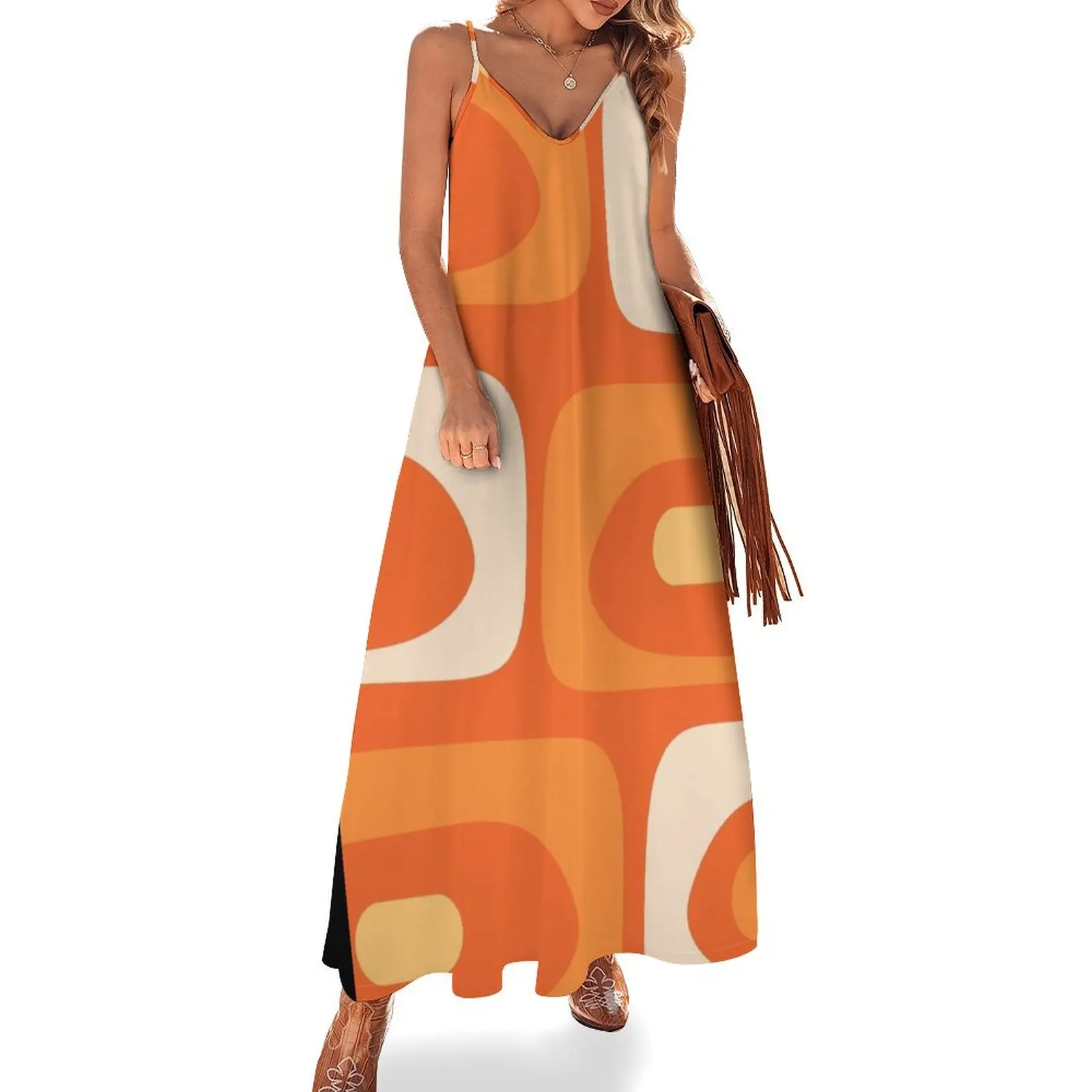 

Mid Century Modern Piquet Abstract Pattern in Orange Tangerine Yellow Cream Sleeveless Dress clothes for women