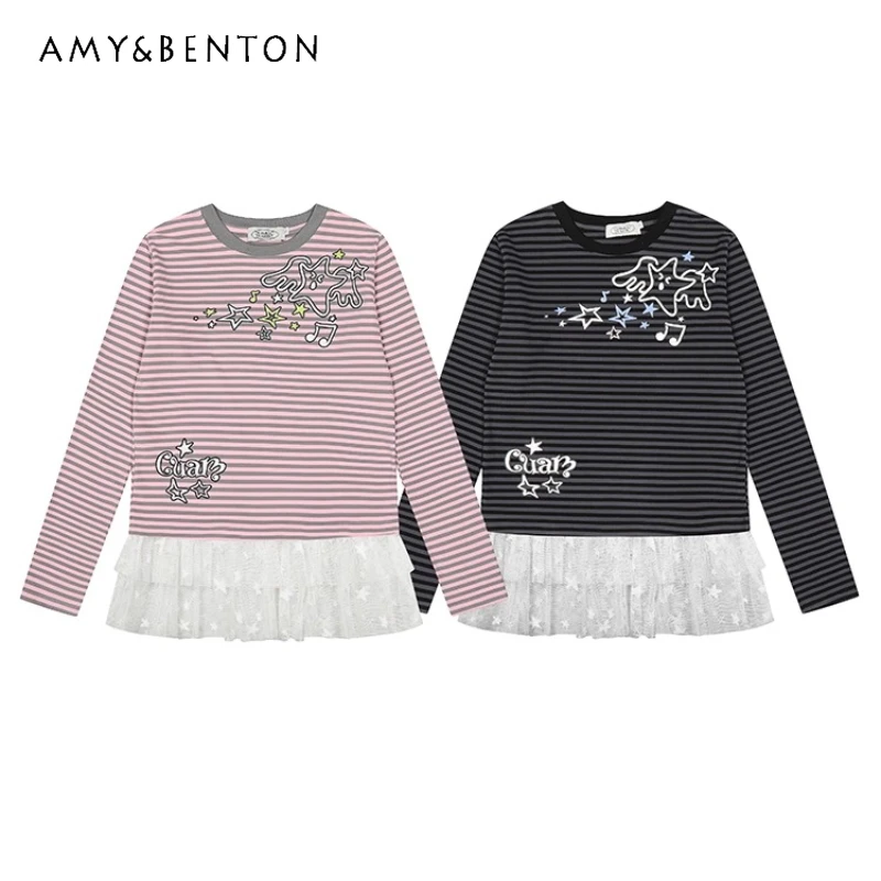 

American Retro Striped Star Lace Trim Splicing Women's Long Sleeve T-Shirt Autumn New Slimming Round Neck Versatile Top Ladies