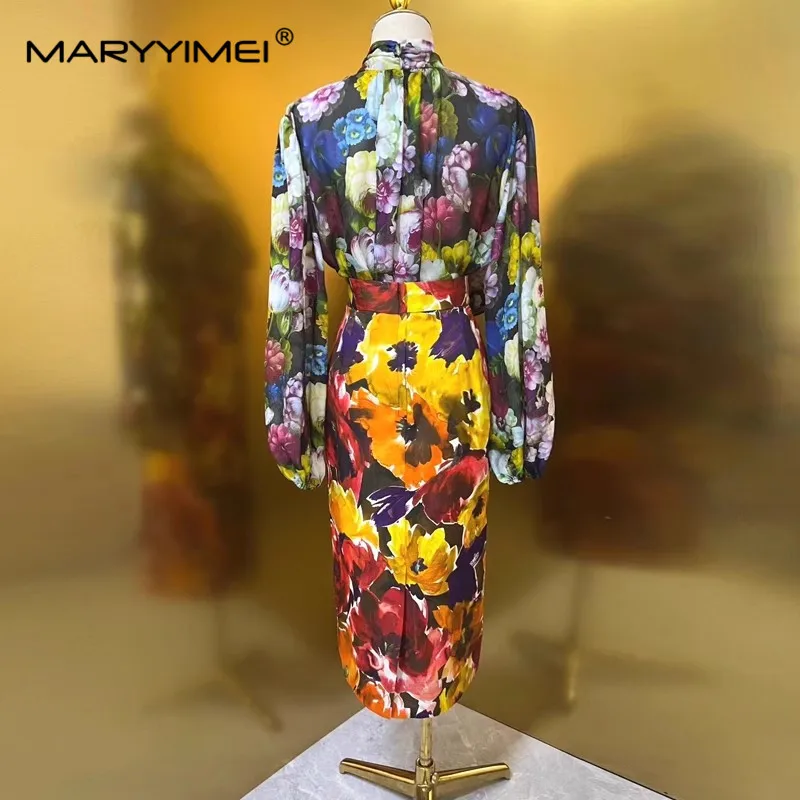 MARYYIMEI Fashion Runway Designer Women\'s 2024 Spring New Scarf Collar Printed Silk Shir+Split Silk Hip Wrap Skirt 2-Piece Set