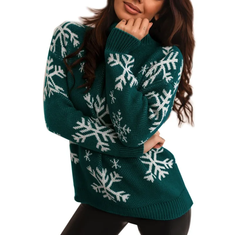 

Women Long-Sleeved Turtleneck Christmas Printed Knitted Sweater Winter New Pullover Sweater Top Women Long Sleeve Loose Sweater