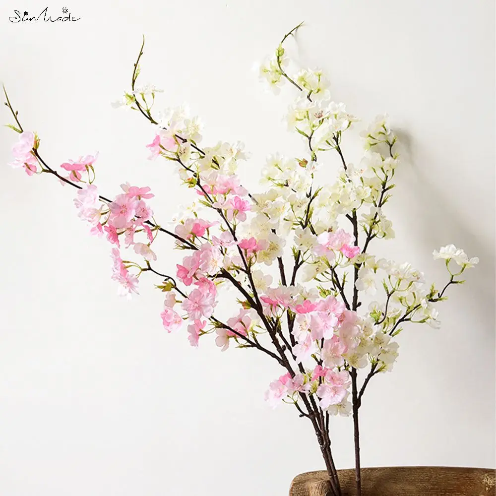 SunMade 4-Fork Cherry Blossom Long Branch Silk Artificial Flowers Pink White Flower Home Wedding Garden Decor Flores Artificales