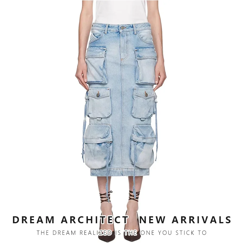 

Ladies' Workwear Straight Tube High Waist Back Slit Skirt Silhouette Design Washed Denim Faded Distressed 3D Large Pocket Style