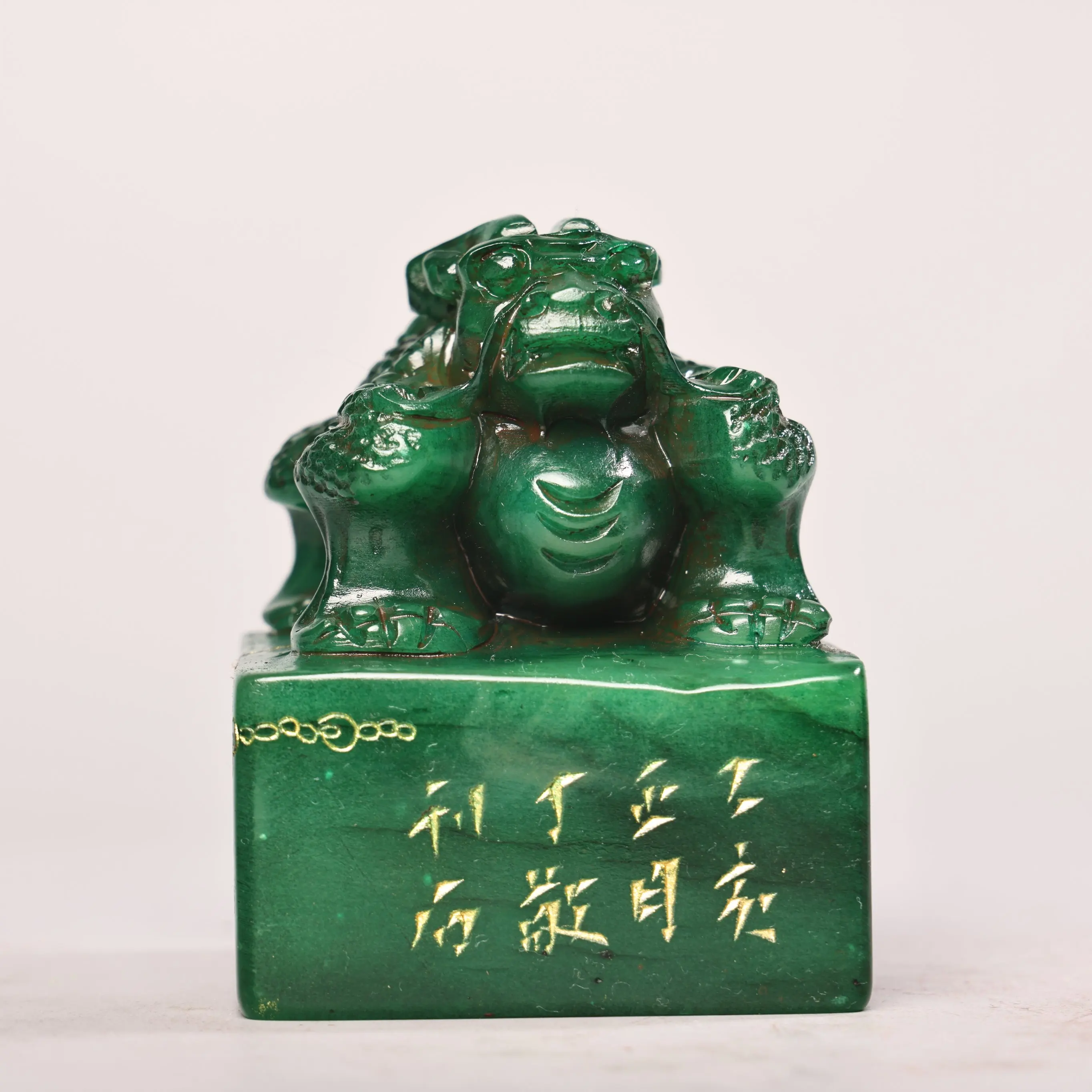 

3"Tibetan Temple Collection Old Shoushan Stone Greenfield Yellowstone High Relief Beast Statue lettering Seal Town house