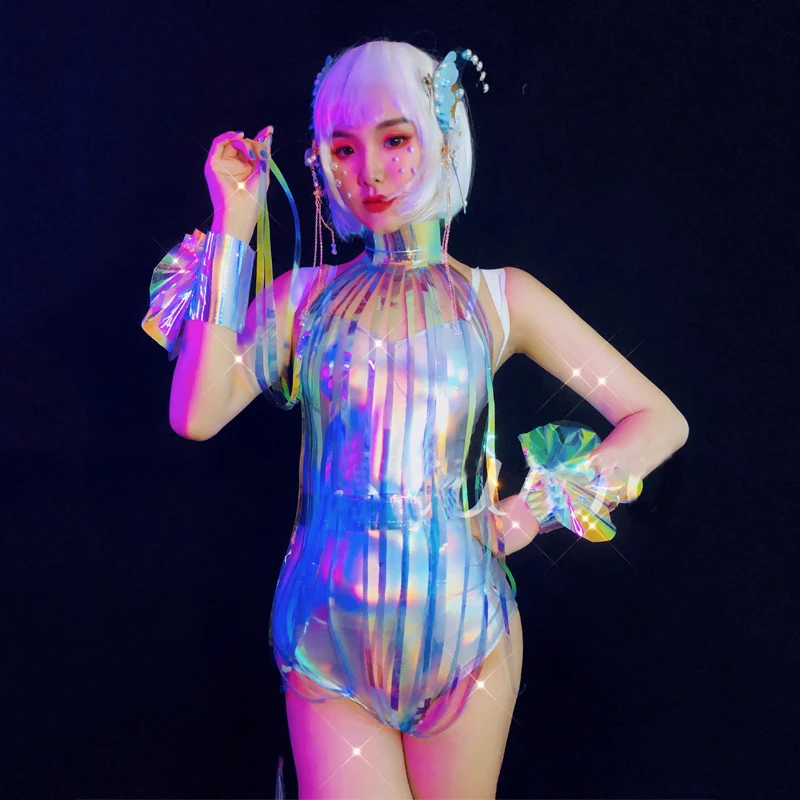 Colorful Reflective Animal Wings Laser Bodysuit Sexy Pole Dance Wear Female Gogo Dancer Costume Party Cosplay Rave Outfit XS5102